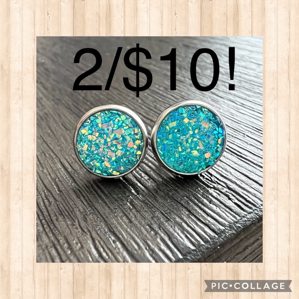 Faux Druzy 10mm stud earrings- Ocean sparkle! Stainless steel back, BUNDLE/SAVE!